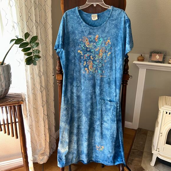 Vintage Cactus Bay Womens Blue Tie Dye Maxi Dress Kokopelli Medium southwestern - Picture 1 of 12